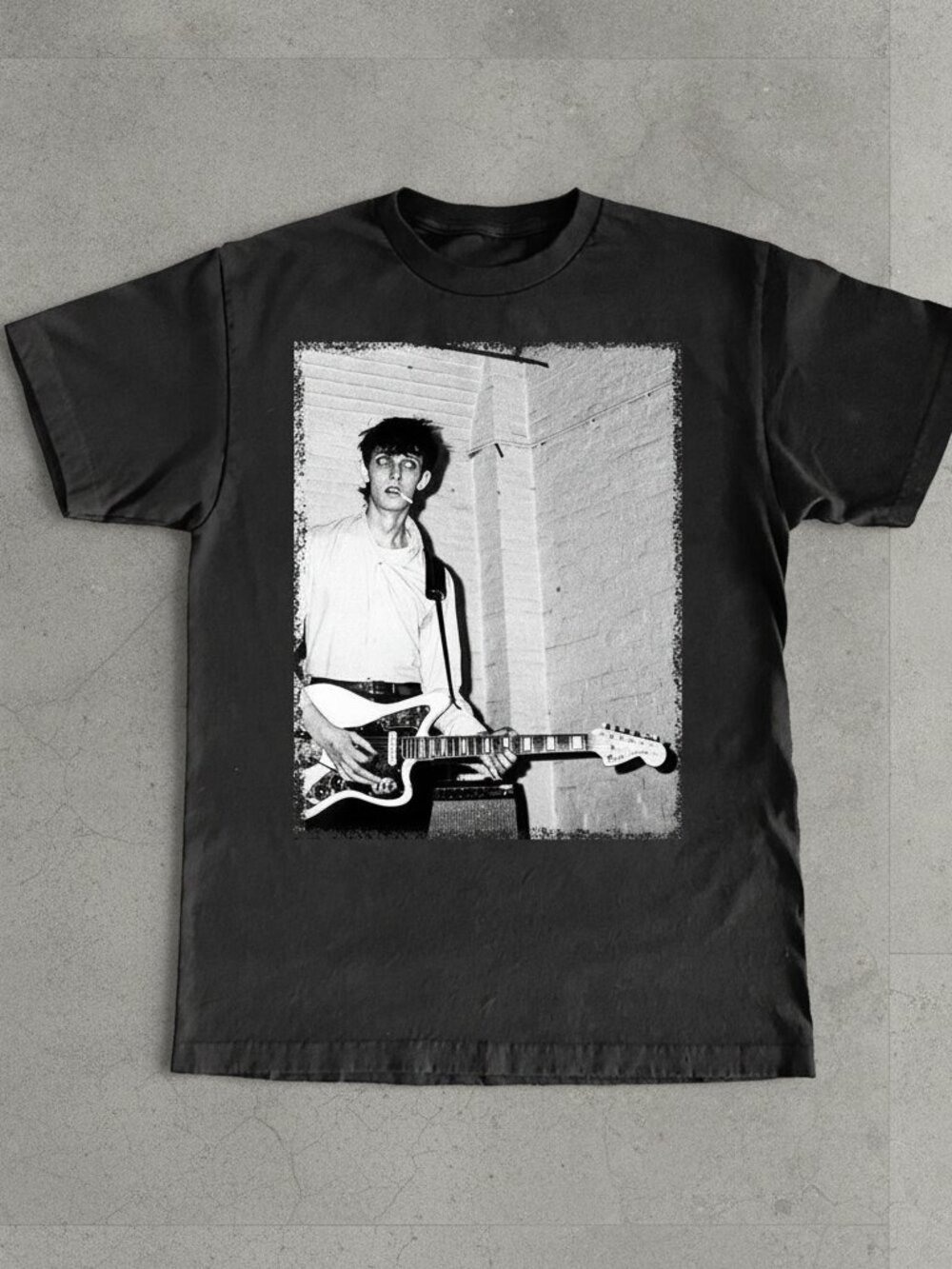 Vintage Post-Punk Guitarist Graphic Tee – Retro Black & White Indie Rock T-Shirt